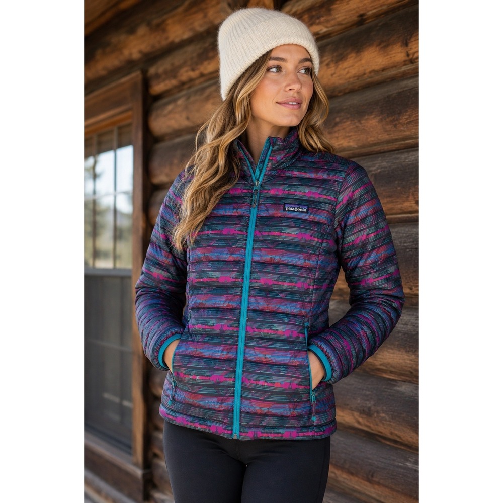 Patagonia Down Sweater Jacket Womens S Blue Purple Aztec Print Puffer 800 Fill